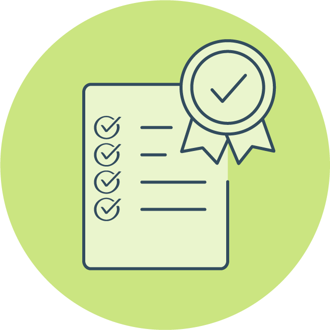 Round icon of a document with items checked off overlapped by a badge with a checkmark at the center to indicate accuracy